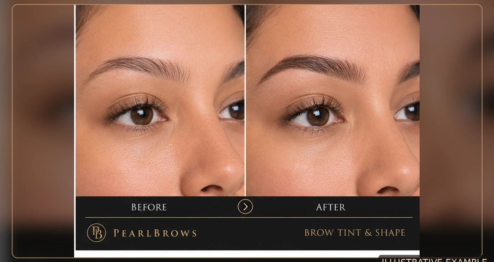 Illustrative brow tint and brow shaping before-and-after example for PearlBrows in St. Petersburg, Florida